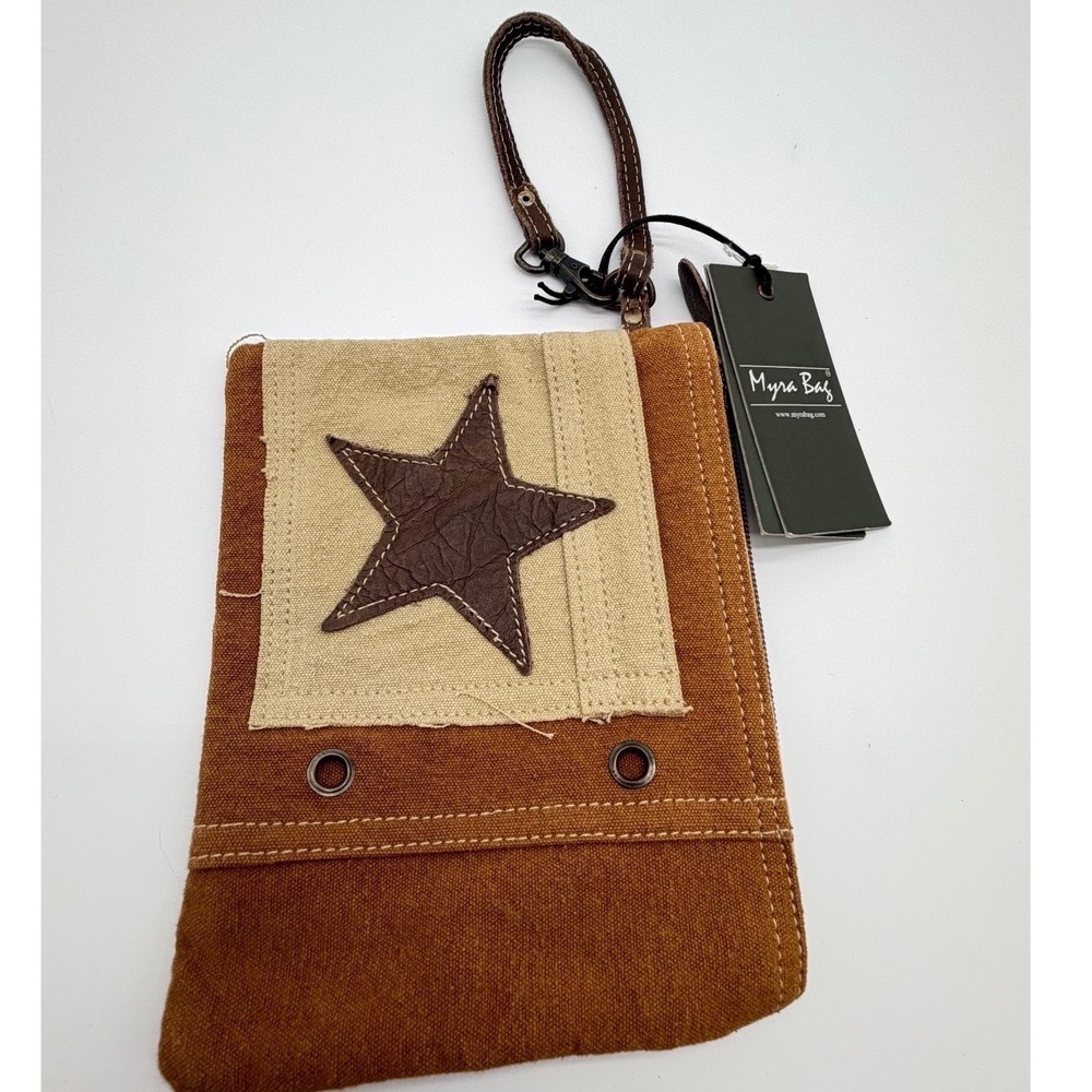 Myra Bag Equinox Pouch  Brown Canvas Star Leather Wristlet New Cowgirl Western